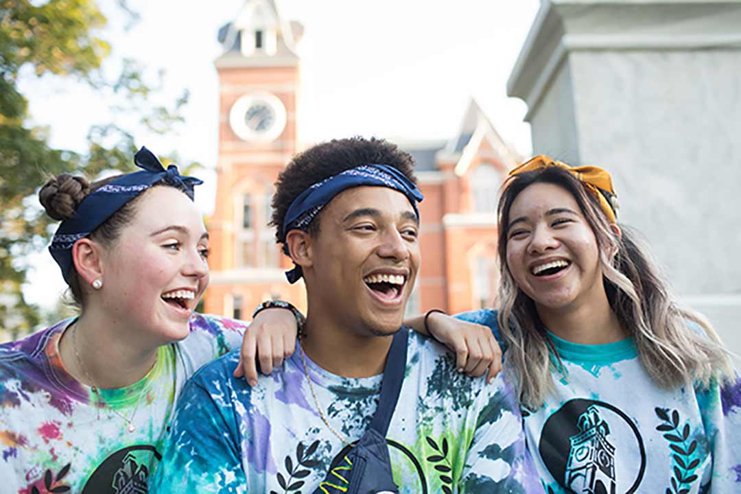 Students in front of Seney Hall celebrate the Oxford Olympics. 