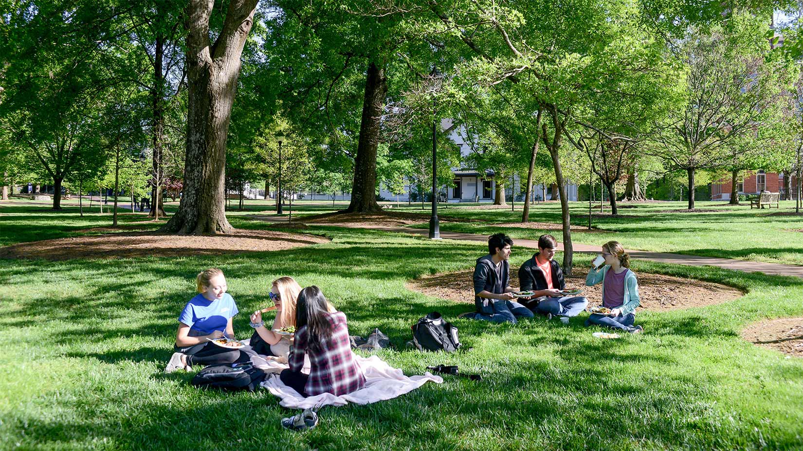 Students eat lunch on the Oxford quad.