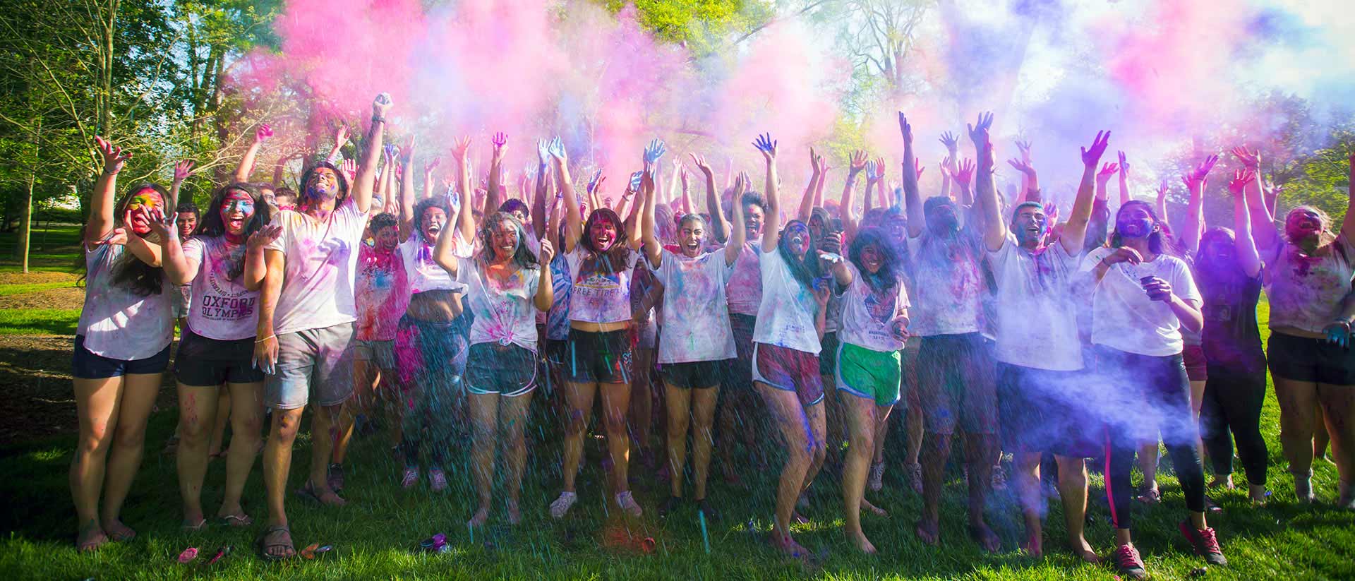 Students celebrate the Hindu festival of Holi, the festival of colors. 