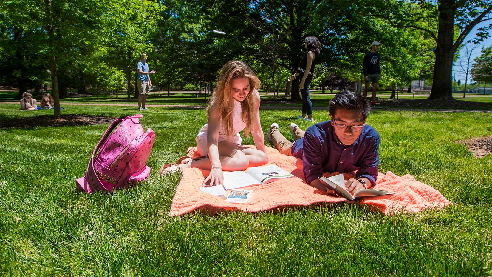 Students study on the Oxford quad.