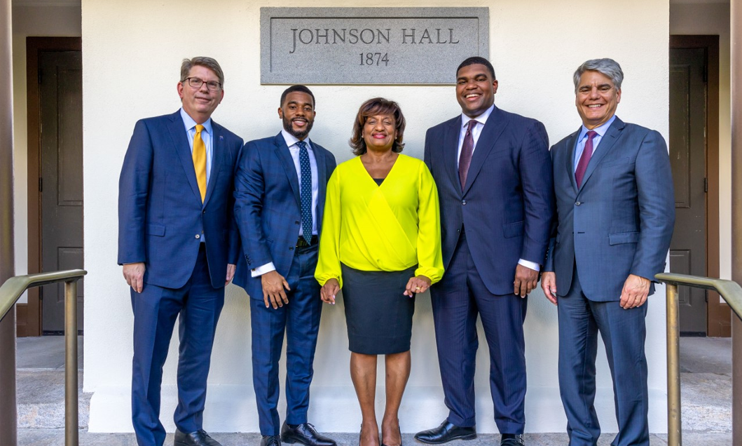 Oxford College Dean Doug Hicks, Bryant Johnson, Michelle Johnson, James Johnson and Emory President Gregory L. Fenves at the renaming ceremony.