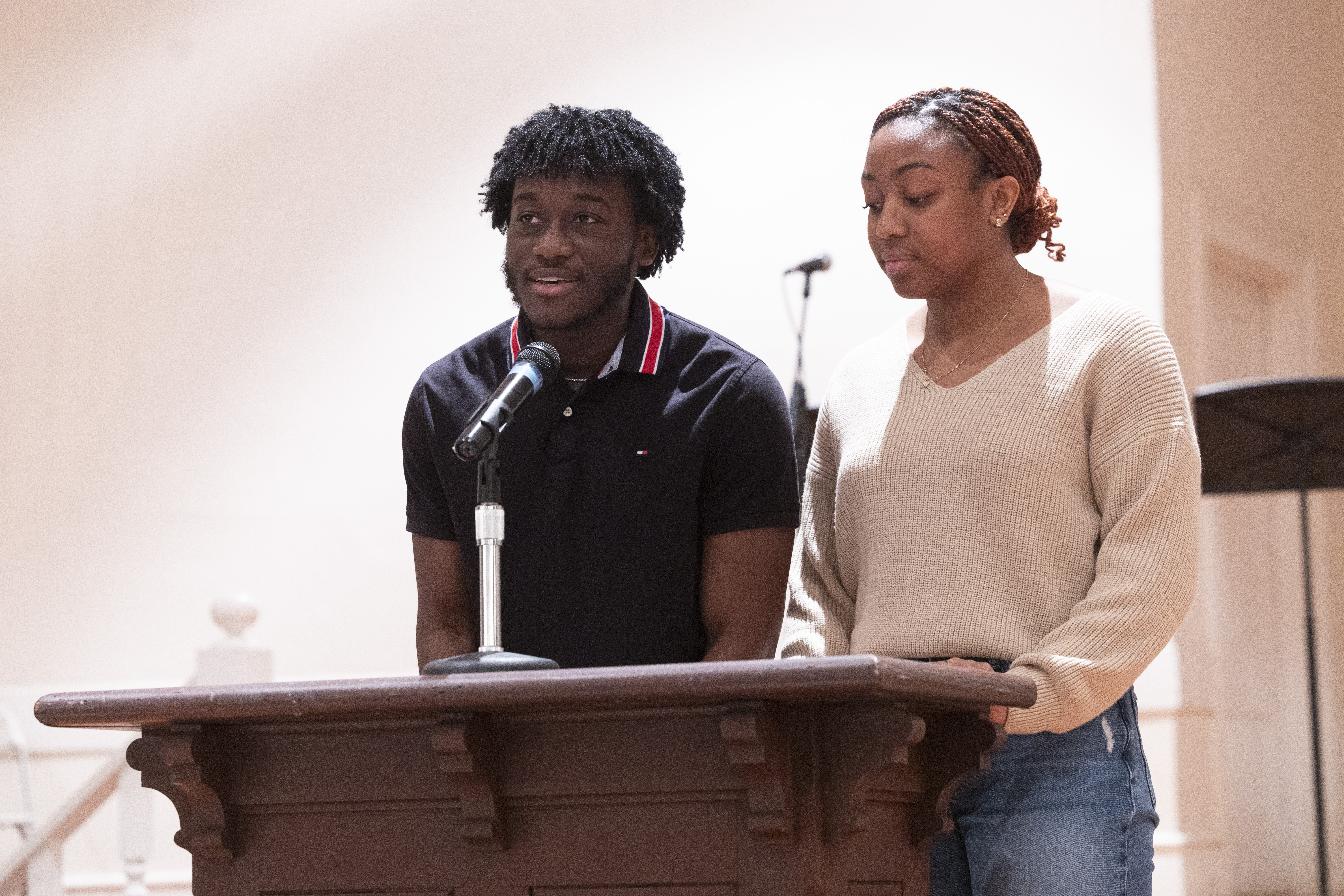 Black Student Alliance co-presidents Jordan Antwi and Doreen Okeh give the welcoming remarks at the 2023 MLK Celebration.